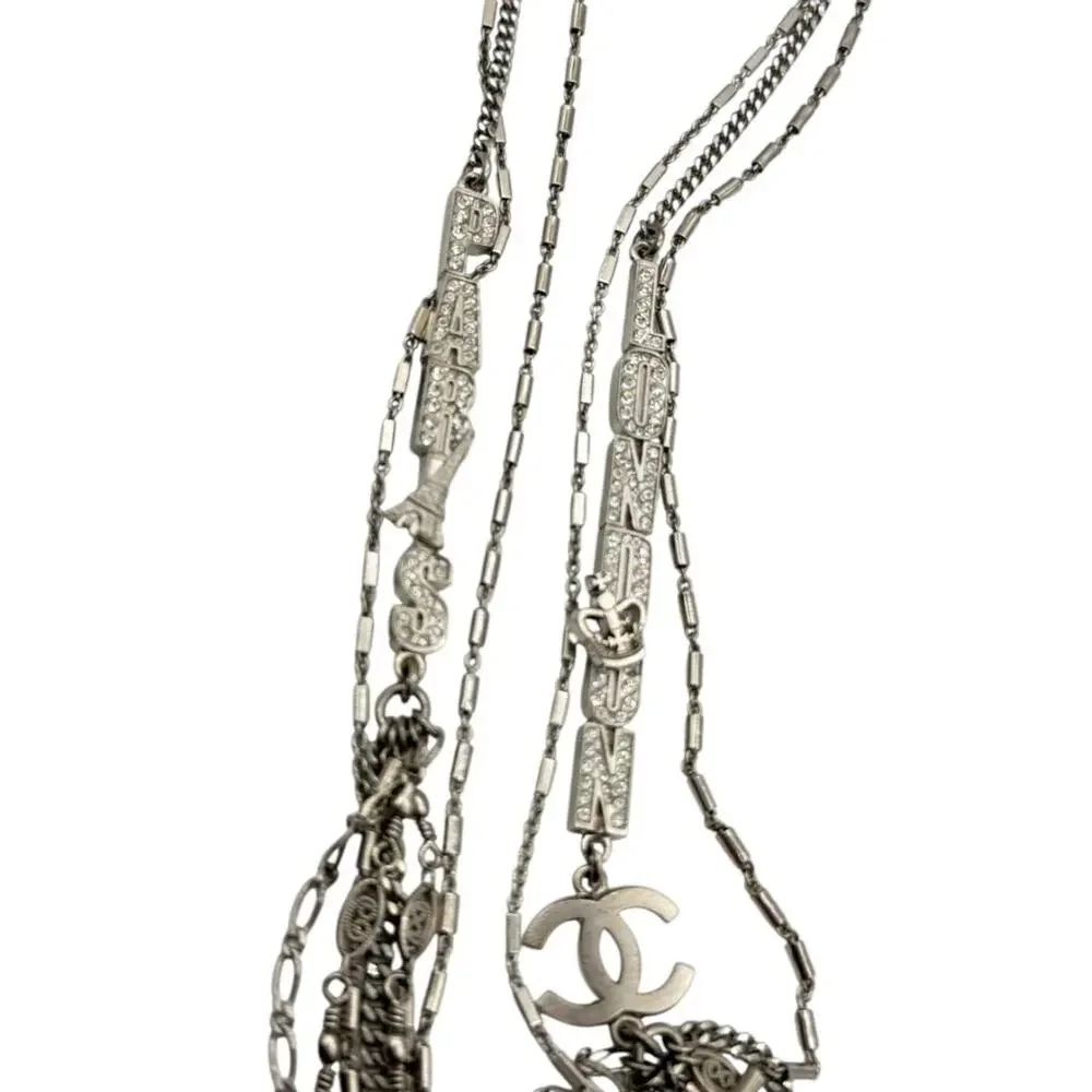 Chanel Silver Multi-Strand “Paris London” Crystal Chain Necklace